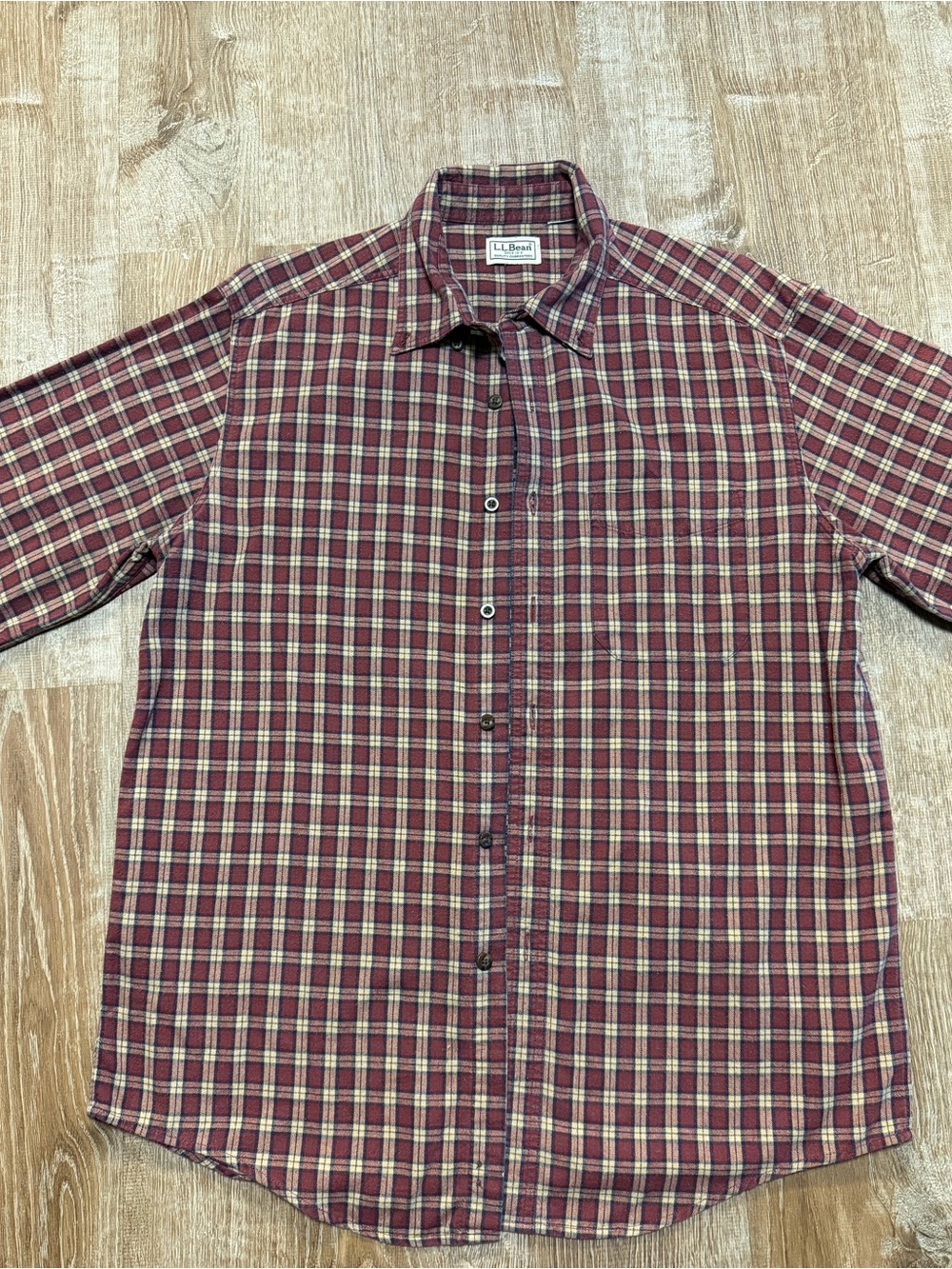 L.L.Bean Plaid Button Up Shirt Burgundy Tan Navy Long Sleeve Classic Outdoors